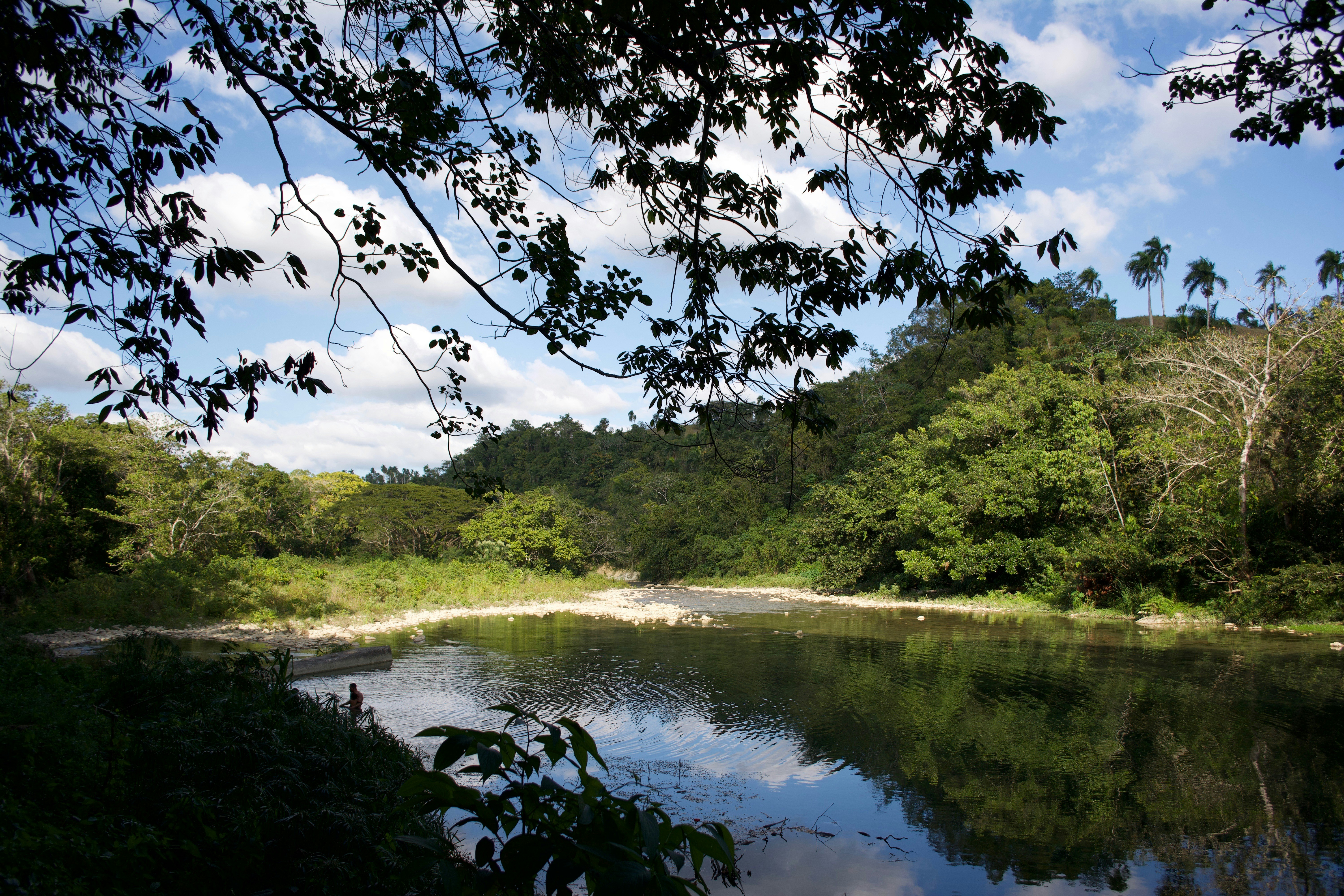 Fishermen on a jungle river in Peru, tropical scenery, green vegetation, calm water