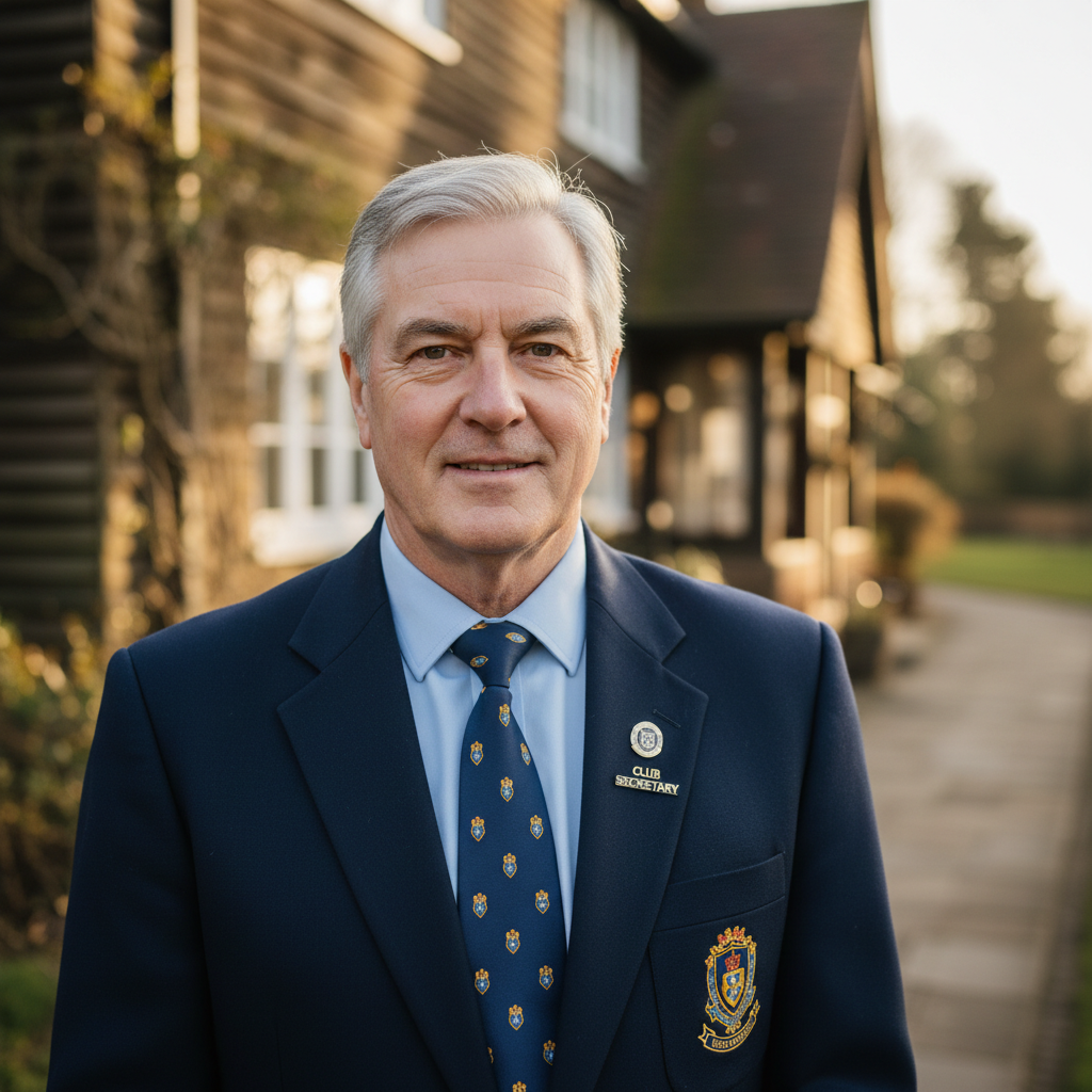 Portrait of Miguel Tello Arauco, club secretary, outdoor setting