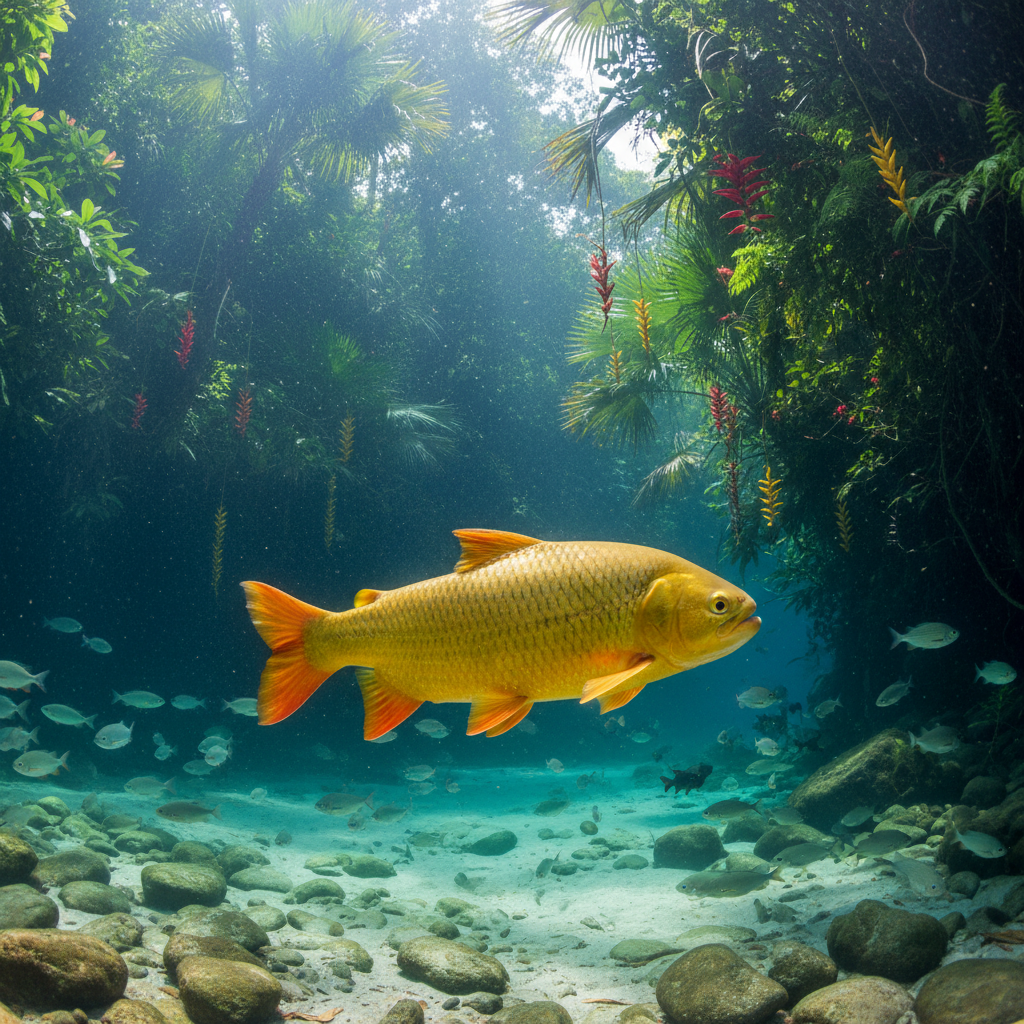 Golden dorado fish in crystal clear tropical river, Chanchamayo Peru, lush green banks
