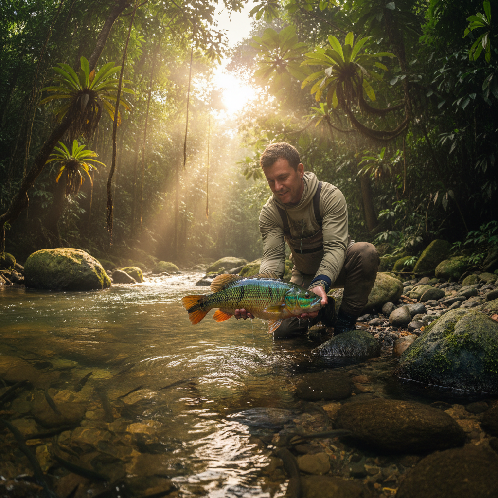 Angler releasing fish back into river, conservation practice, jungle river Peru