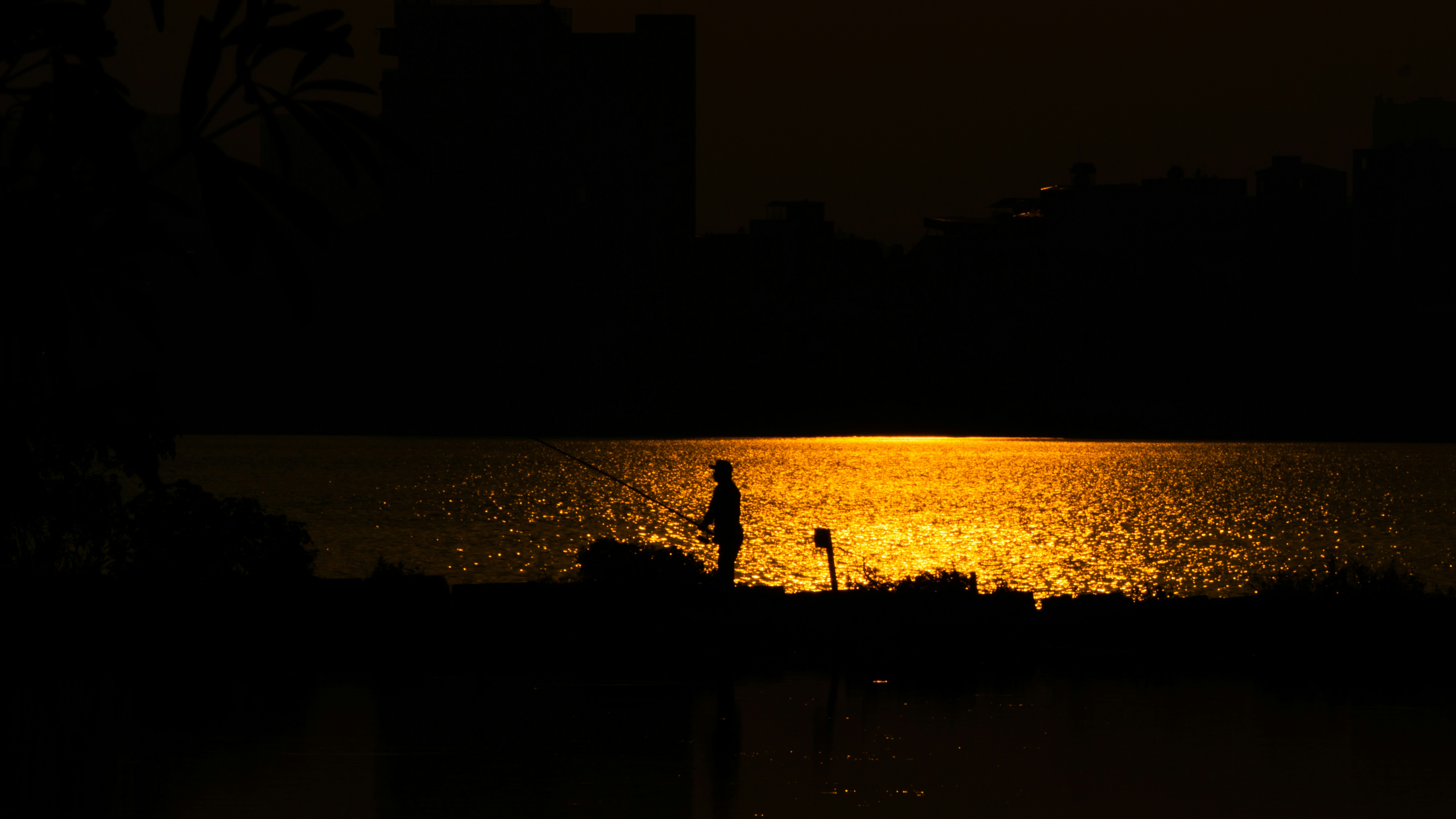 Angler at dusk on jungle river, silhouette against golden sky, Chanchamayo Peru, dark atmospheric