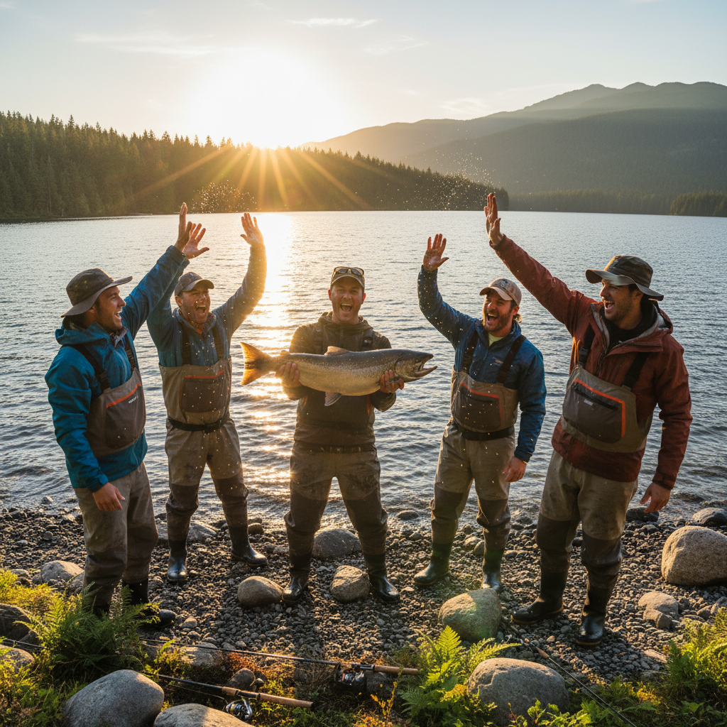 Fishing club members celebrating tournament victory, trophies, smiling group photo riverside