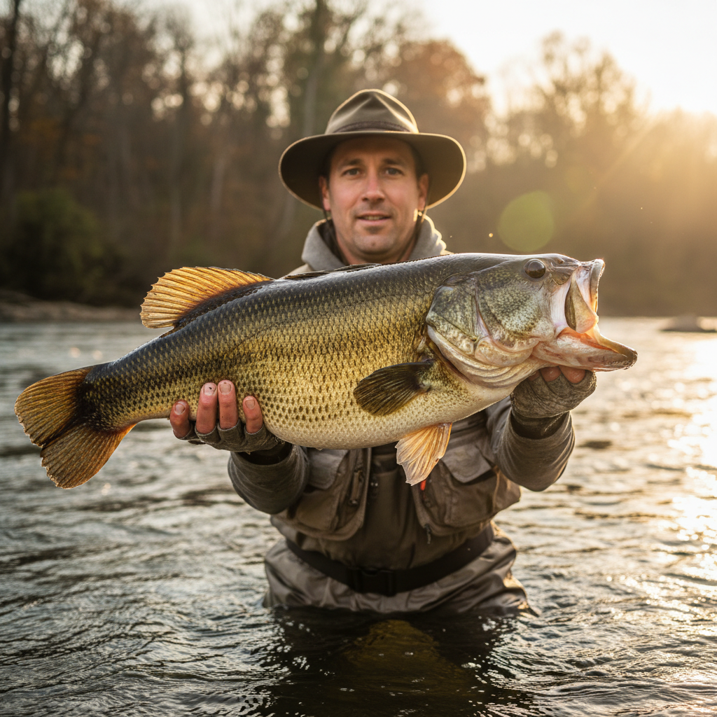 Champion angler holding massive fish trophy at Ayompari fishing tournament, jungle river background, dark atmospheric lighting